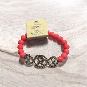 2Piece DaVinci Coral Beaded Bracelet with Silver Accents and Black Faux Leather